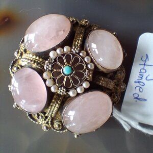 Vintage Rose Quartz Sterling Silver Brooch Pendant Israel stamped